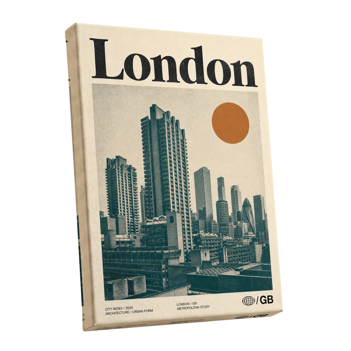 London Modernist Index, green, beige, orange minimalist wall art shown as a stretched canvas wall art