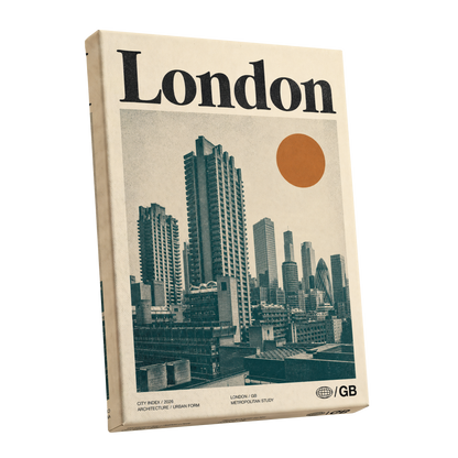 London Modernist Index, green, beige, orange minimalist wall art shown as a stretched canvas wall art