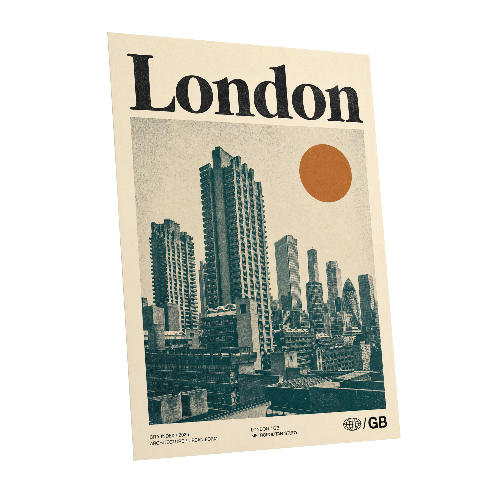 London Modernist Index, green, beige, orange minimalist wall art shown as a unframed poster wall art print