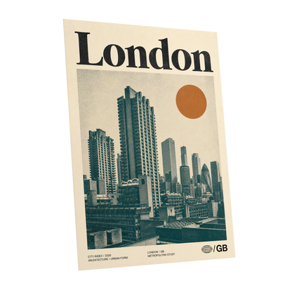 London Modernist Index, green, beige, orange minimalist wall art shown as a unframed poster wall art print