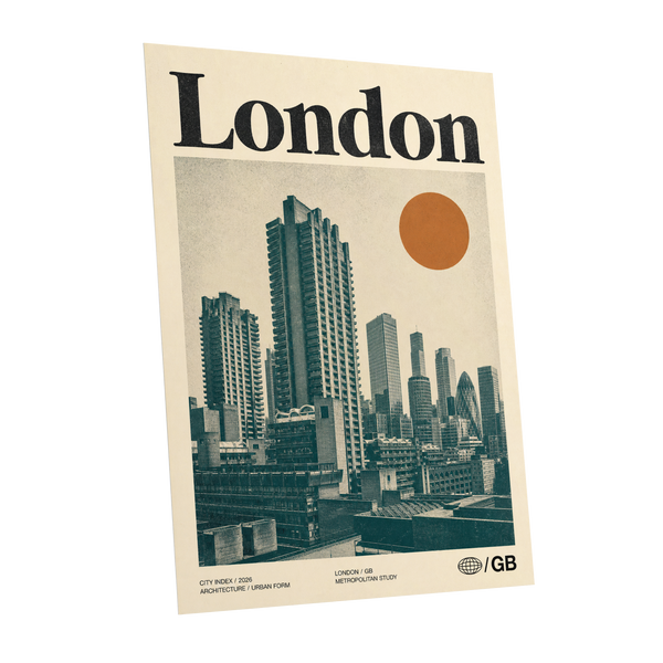 London Modernist Index, green, beige, orange minimalist wall art shown as a unframed poster wall art print