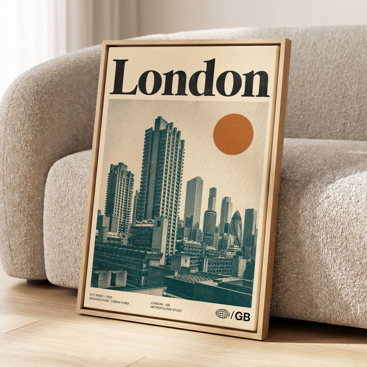 London Modernist Index, green, beige, orange minimalist wall art displayed in a styled interior, gallery view 1