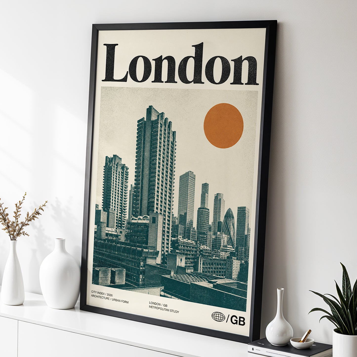 London Modernist Index, green, beige, orange minimalist wall art displayed in a styled interior, gallery view 2