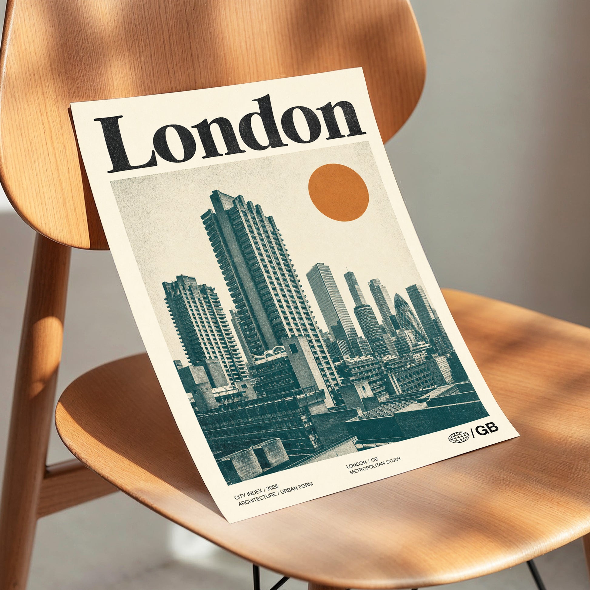 London Modernist Index, green, beige, orange minimalist wall art displayed in a styled interior, gallery view 3