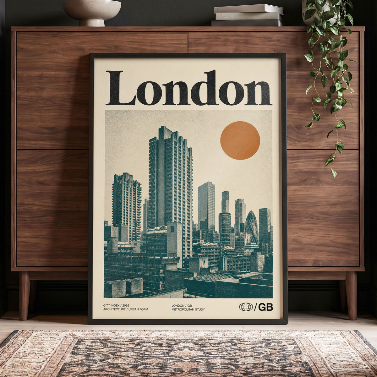 London Modernist Index, green, beige, orange minimalist wall art displayed in a styled interior, gallery view 4