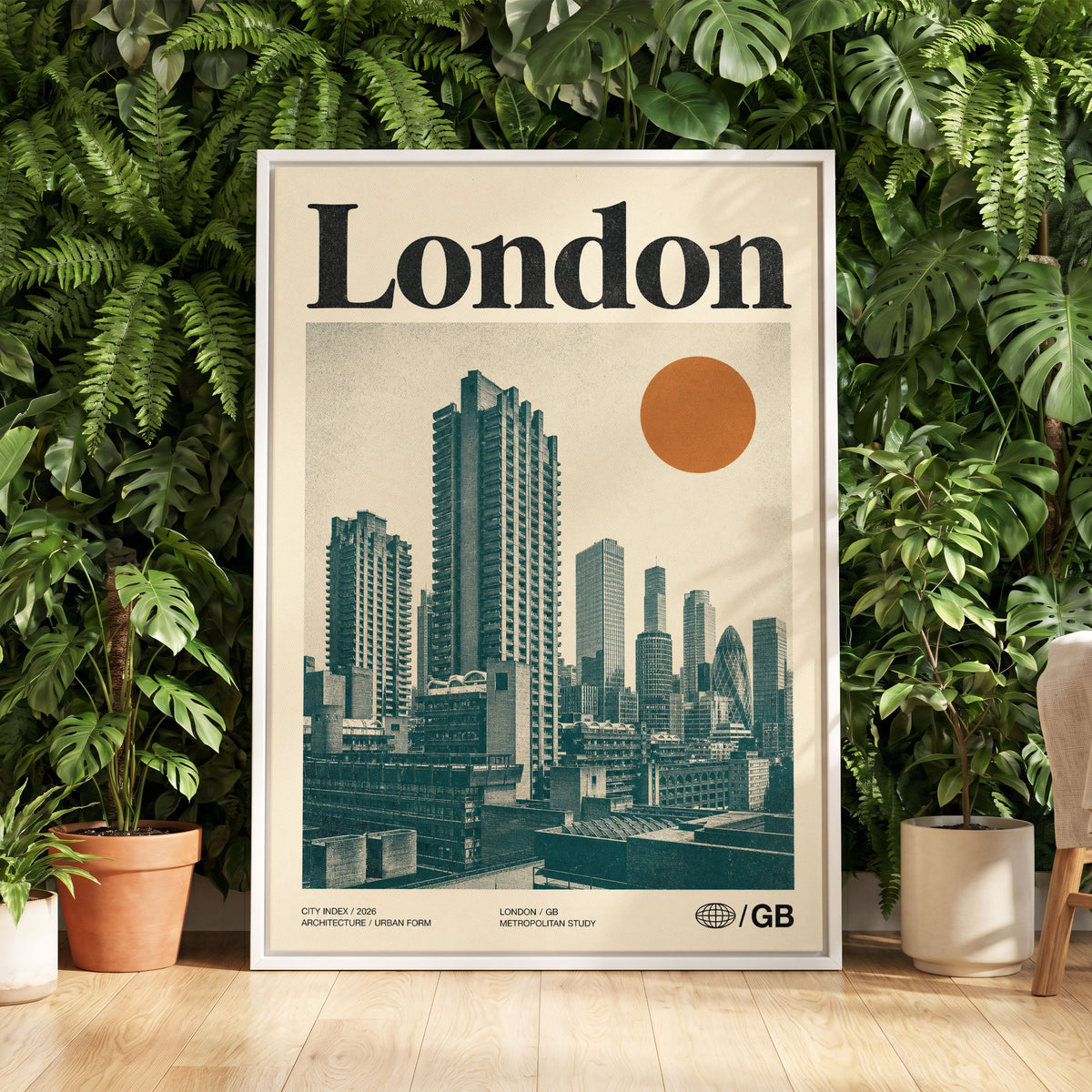 London Modernist Index, green, beige, orange minimalist wall art displayed in a styled interior, gallery view 5
