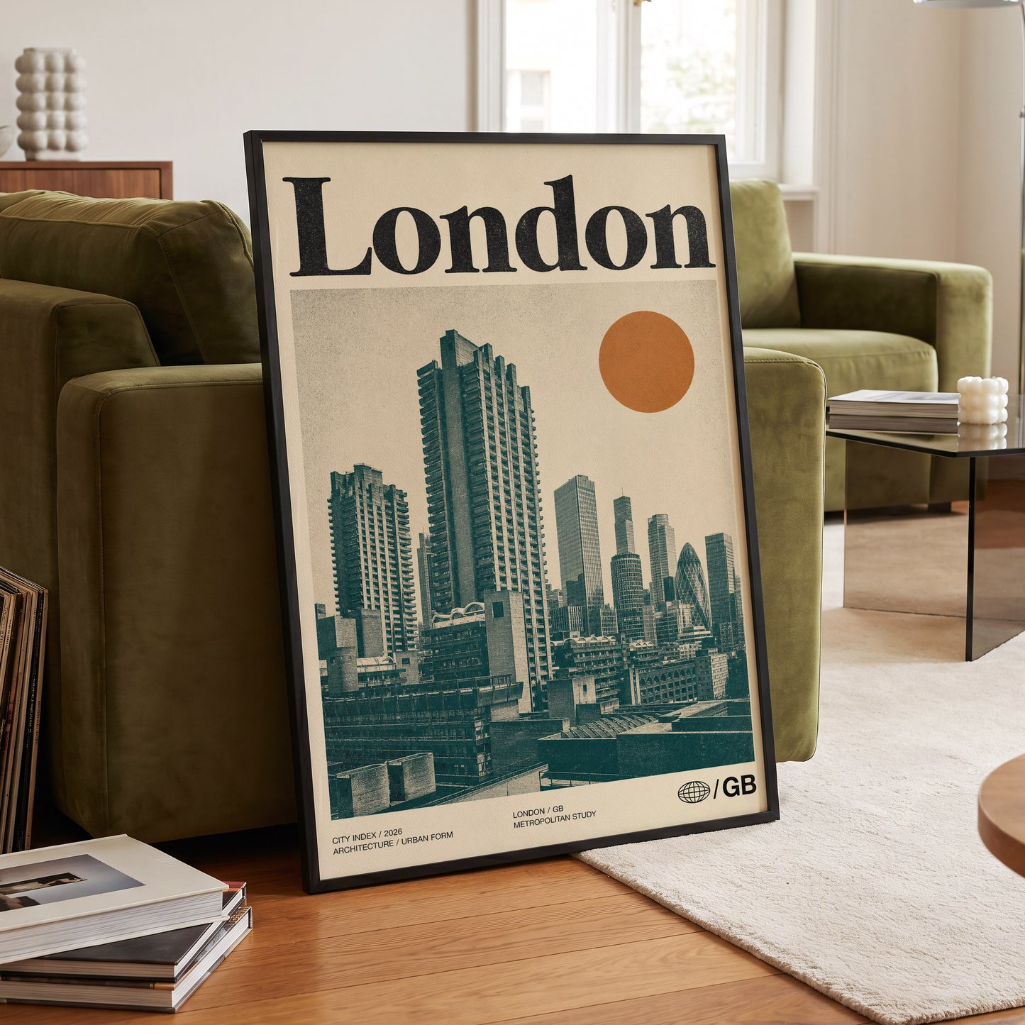 London Modernist Index, green, beige, orange minimalist wall art displayed in a styled interior, gallery view 6