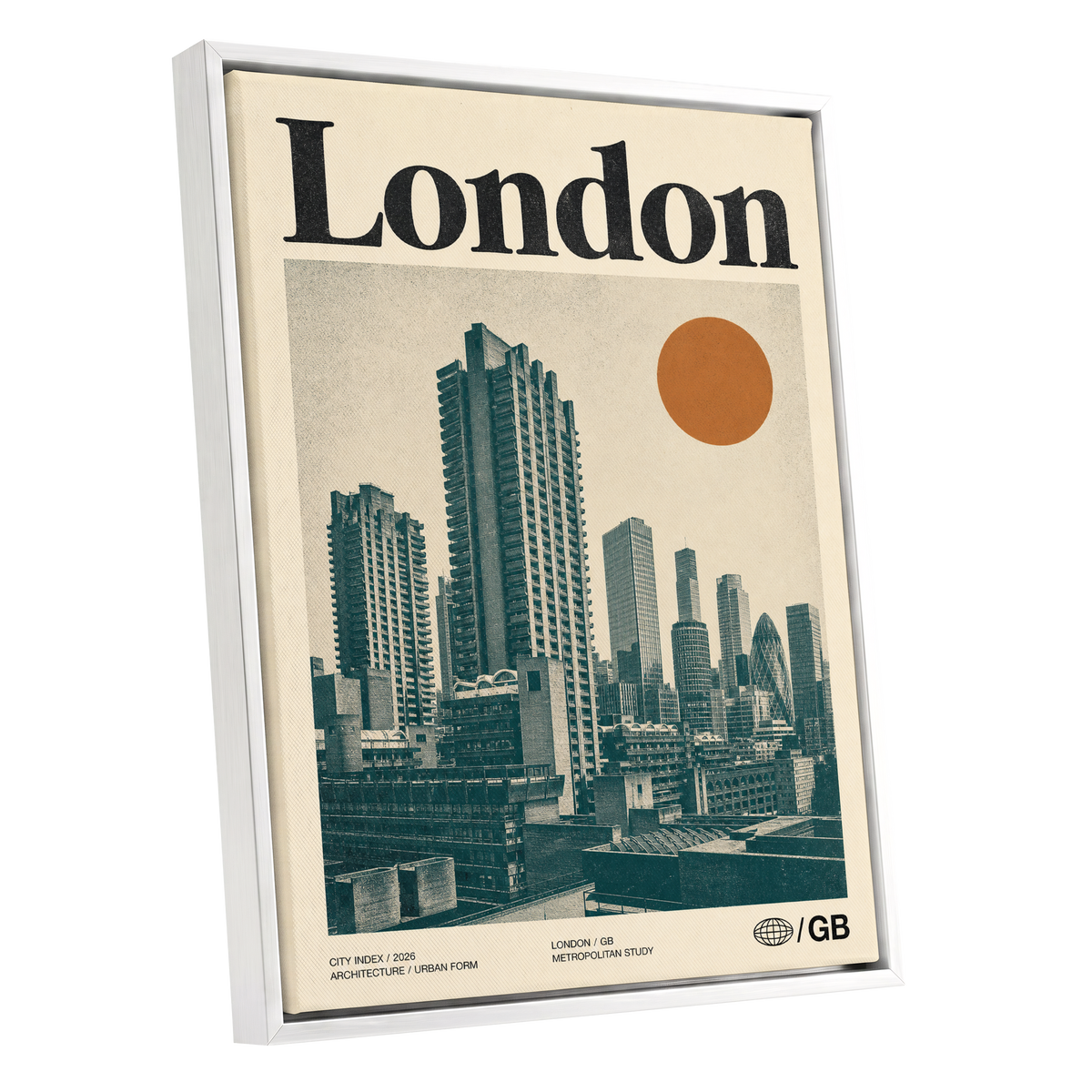 London Modernist Index, green, beige, orange minimalist wall art shown as a white framed canvas wall art