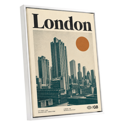 London Modernist Index, green, beige, orange minimalist wall art shown as a white framed canvas wall art