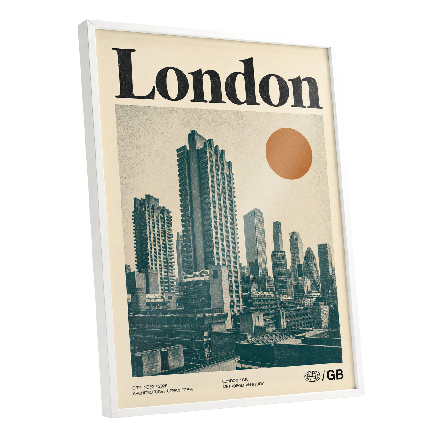 London Modernist Index, green, beige, orange minimalist wall art shown as a white framed poster wall art print