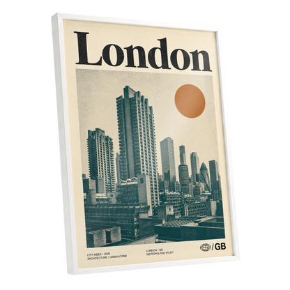 London Modernist Index, green, beige, orange minimalist wall art shown as a white framed poster wall art print