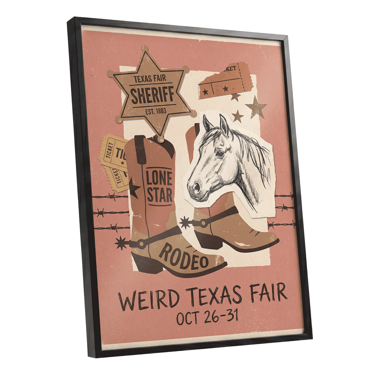 Lone Star Rodeo Collage, pink, beige, brown nature wall art shown as a black framed poster wall art print