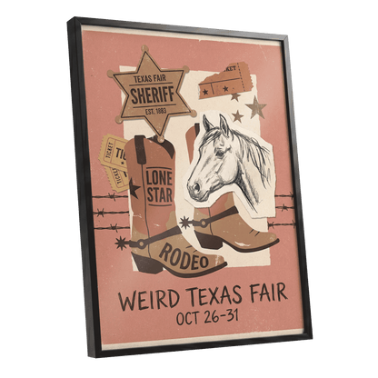 Lone Star Rodeo Collage, pink, beige, brown nature wall art shown as a black framed poster wall art print