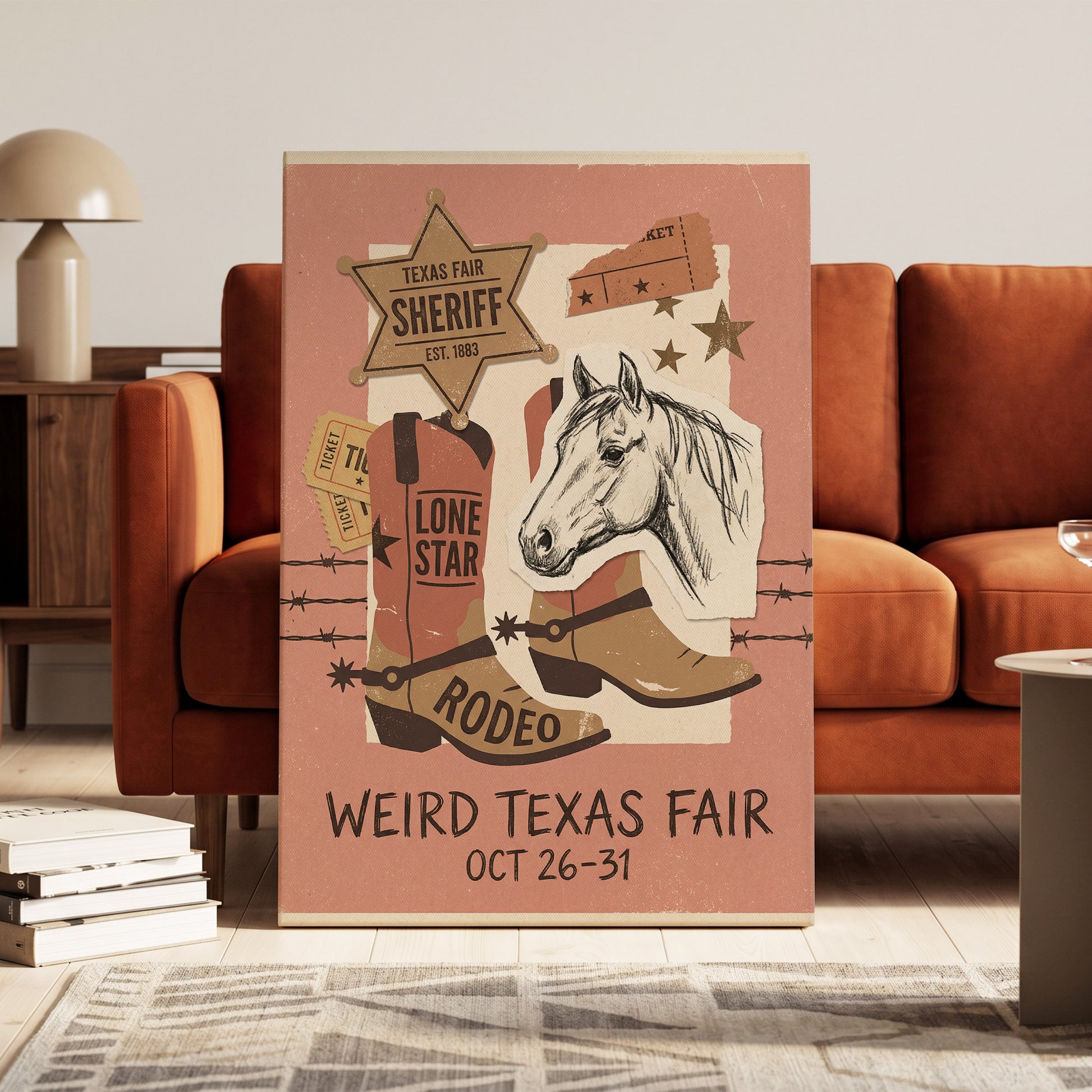 Lone Star Rodeo Collage, pink, beige, brown nature wall art on canvas displayed in a styled interior, gallery view 1