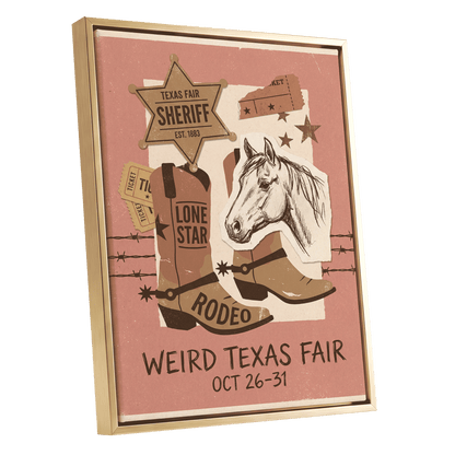 Lone Star Rodeo Collage, pink, beige, brown nature wall art shown as a gold framed canvas wall art