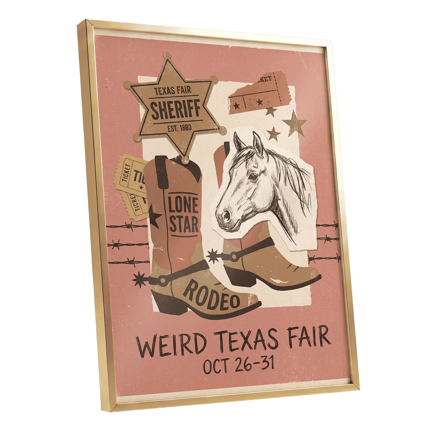 Lone Star Rodeo Collage, pink, beige, brown nature wall art shown as a gold framed poster wall art print