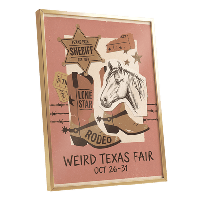 Lone Star Rodeo Collage, pink, beige, brown nature wall art shown as a gold framed poster wall art print