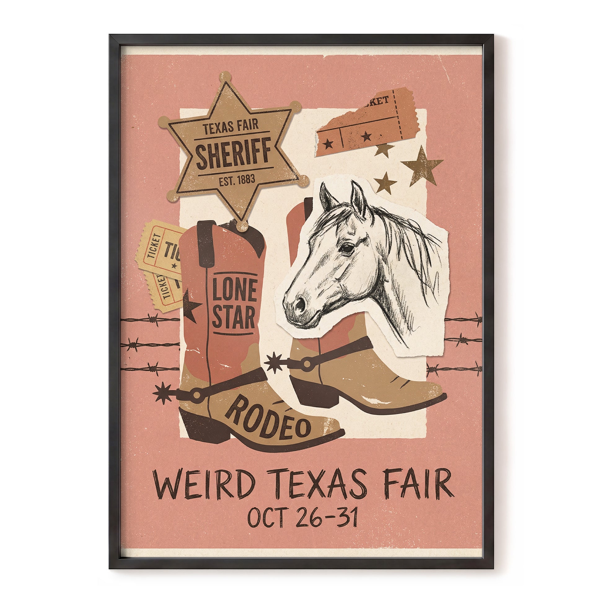 Lone Star Rodeo Collage, pink, beige, brown nature wall art, front artwork view