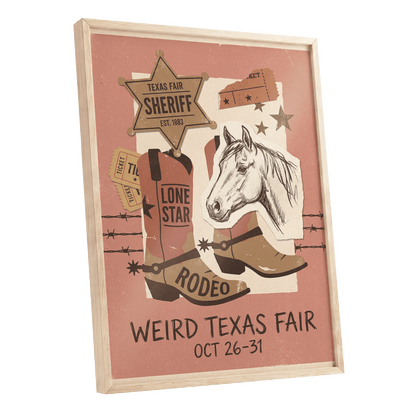 Lone Star Rodeo Collage, pink, beige, brown nature wall art shown as a oak framed poster wall art print
