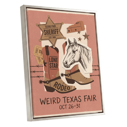 Lone Star Rodeo Collage, pink, beige, brown nature wall art shown as a silver framed canvas wall art