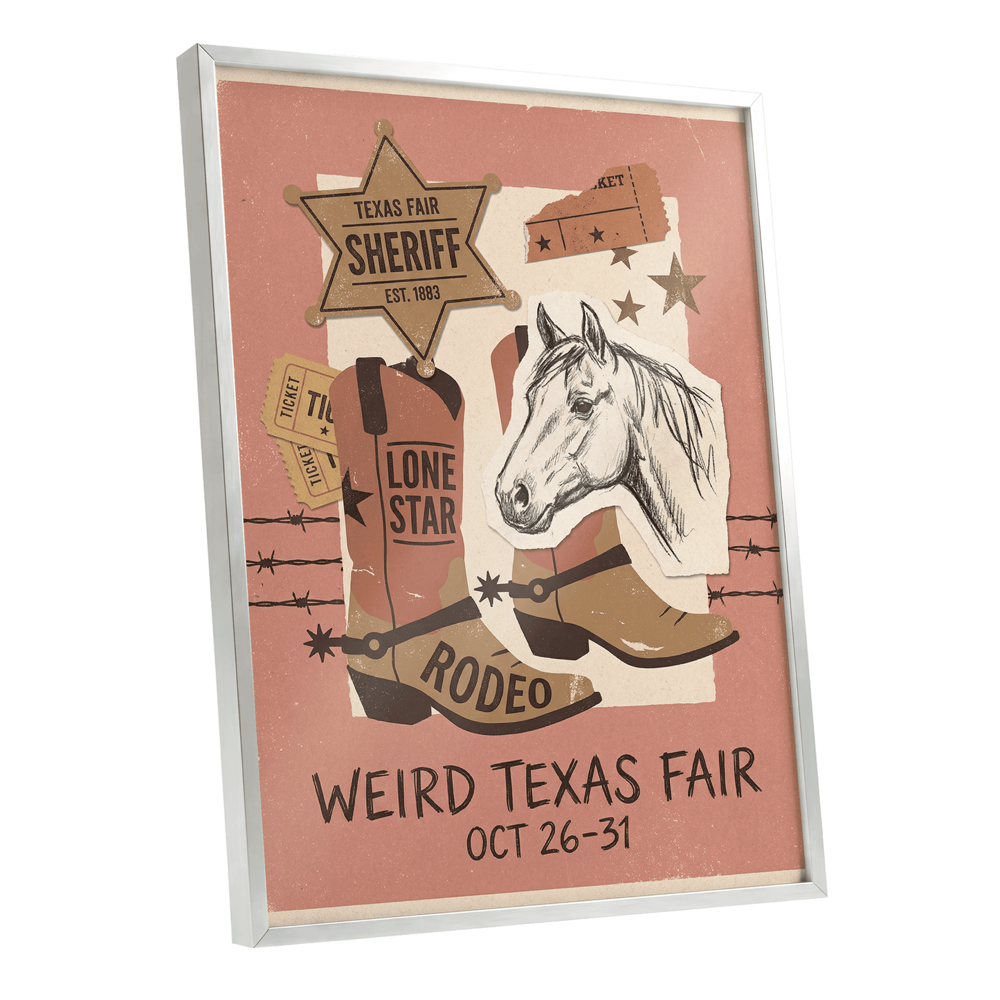 Lone Star Rodeo Collage, pink, beige, brown nature wall art shown as a silver framed poster wall art print