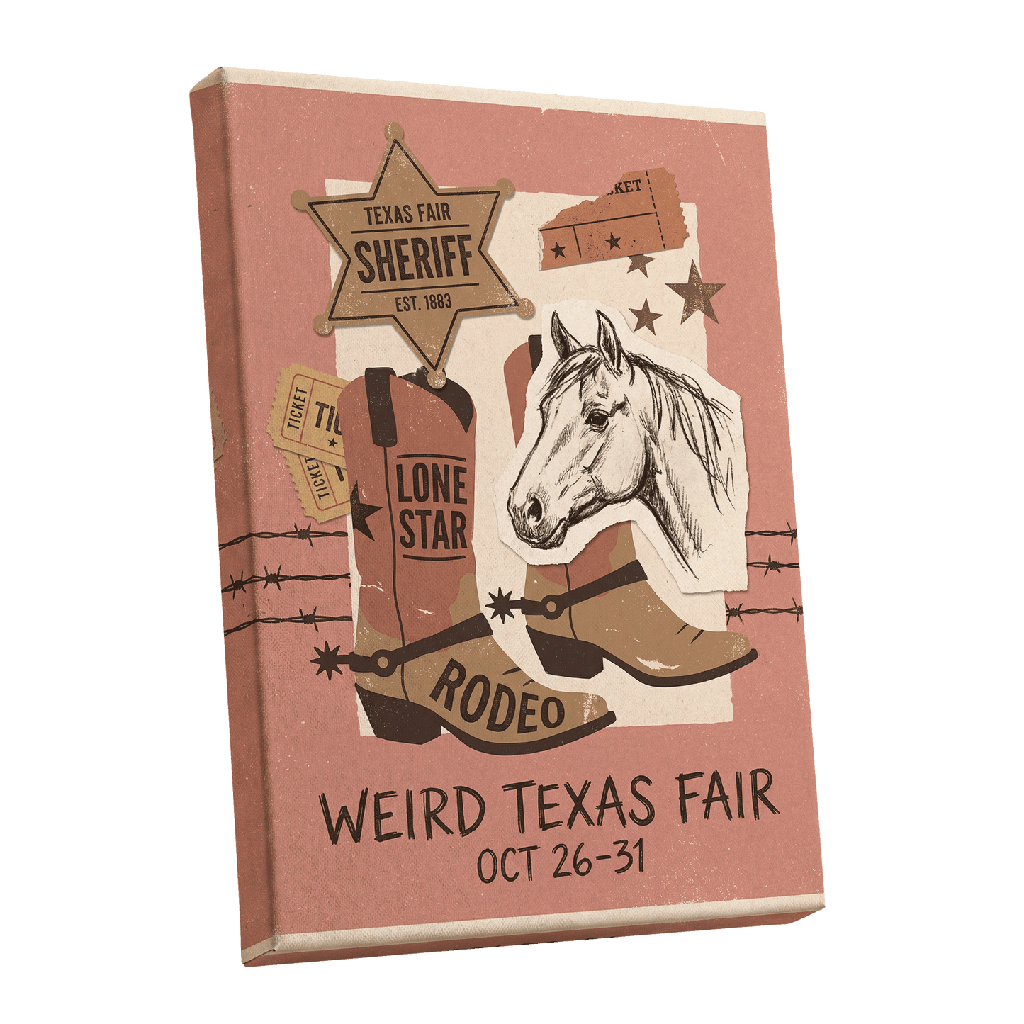 Lone Star Rodeo Collage, pink, beige, brown nature wall art shown as a stretched canvas wall art