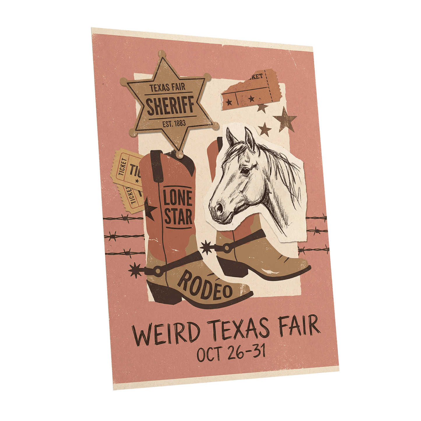 Lone Star Rodeo Collage, pink, beige, brown nature wall art shown as a unframed poster wall art print