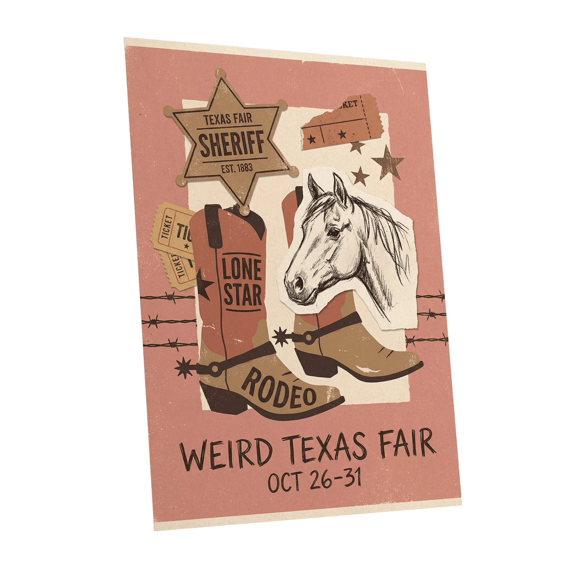 Lone Star Rodeo Collage, pink, beige, brown nature wall art shown as a unframed poster wall art print