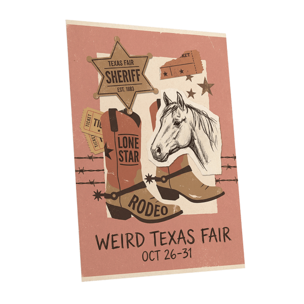 Lone Star Rodeo Collage, pink, beige, brown nature wall art shown as a unframed poster wall art print