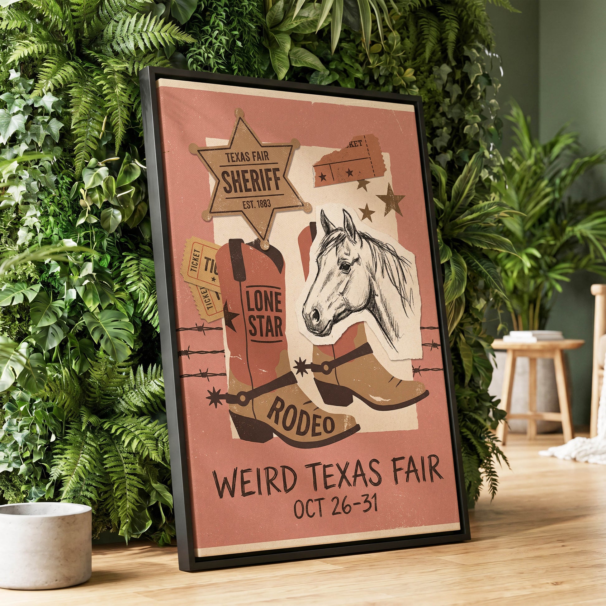 Lone Star Rodeo Collage, pink, beige, brown nature wall art displayed in a styled interior, gallery view 1