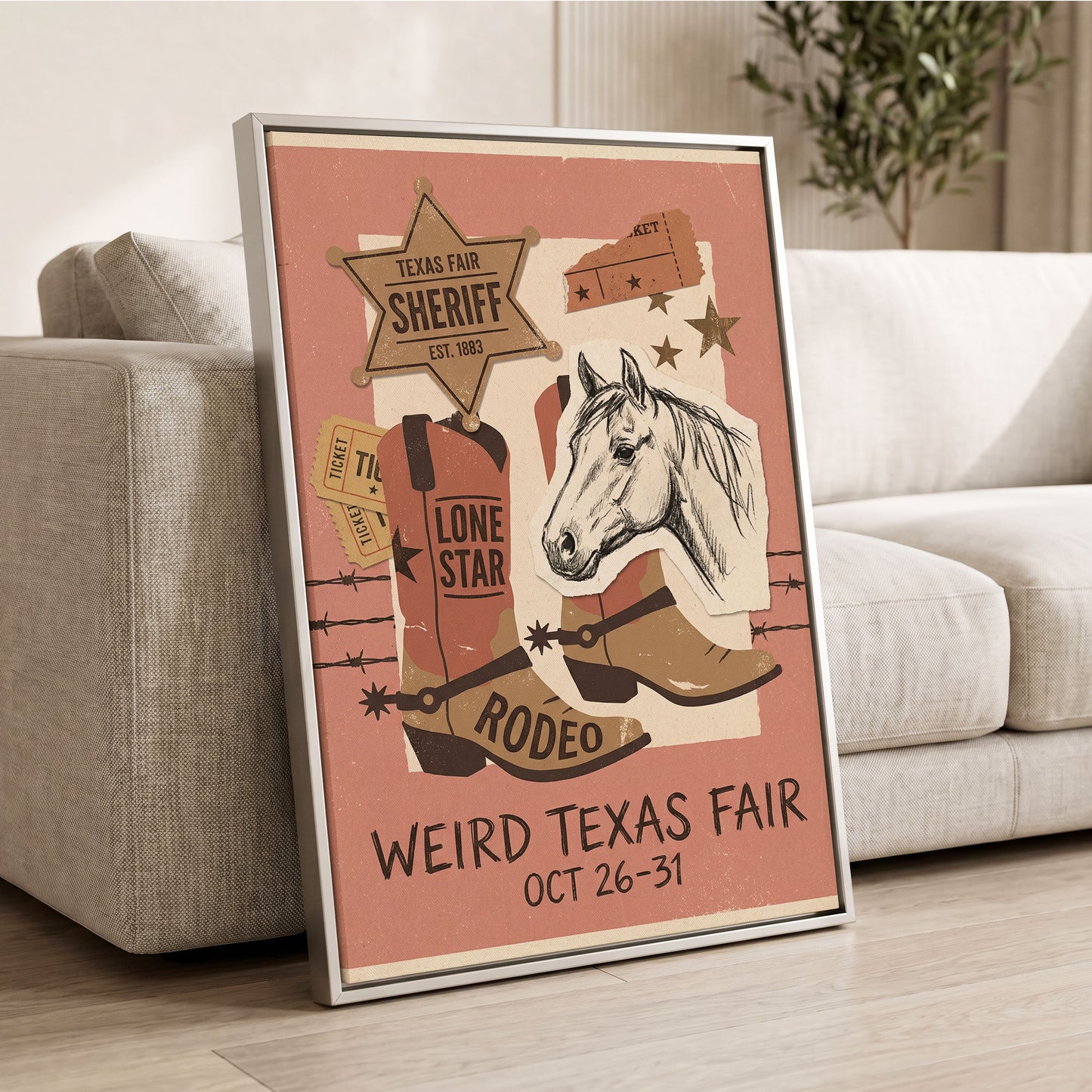 Lone Star Rodeo Collage, pink, beige, brown nature wall art displayed in a styled interior, gallery view 2