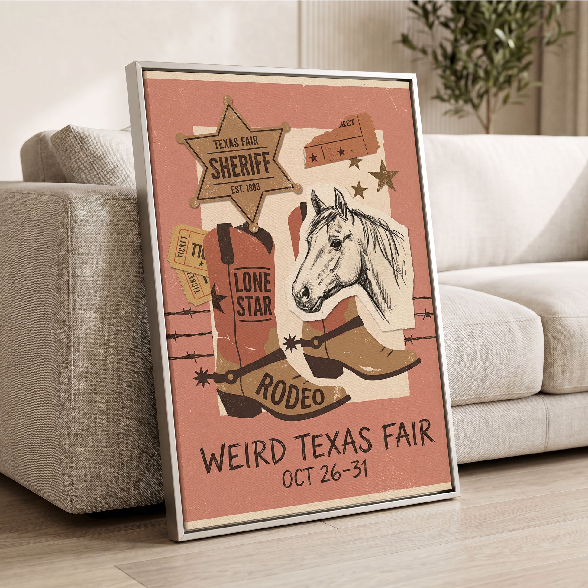 Lone Star Rodeo Collage, pink, beige, brown nature wall art displayed in a styled interior, gallery view 2