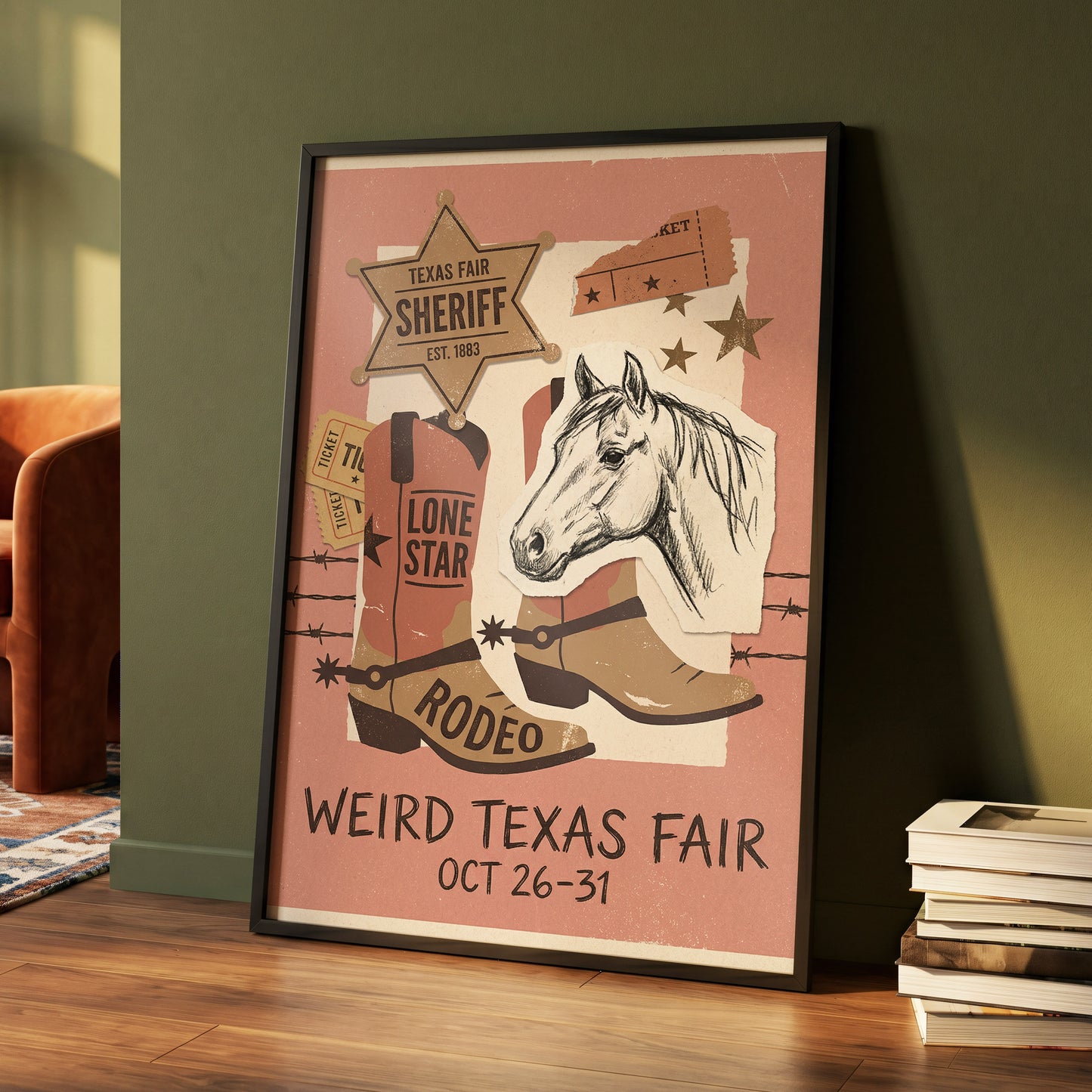 Lone Star Rodeo Collage, pink, beige, brown nature wall art displayed in a styled interior, gallery view 4