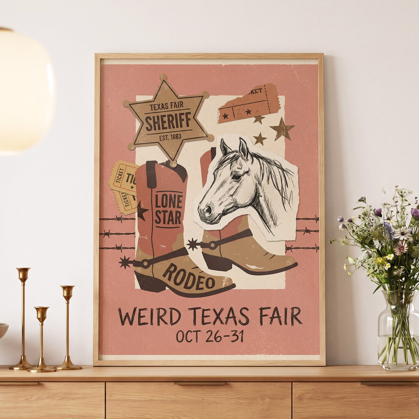 Lone Star Rodeo Collage, pink, beige, brown nature wall art displayed in a styled interior, gallery view 5