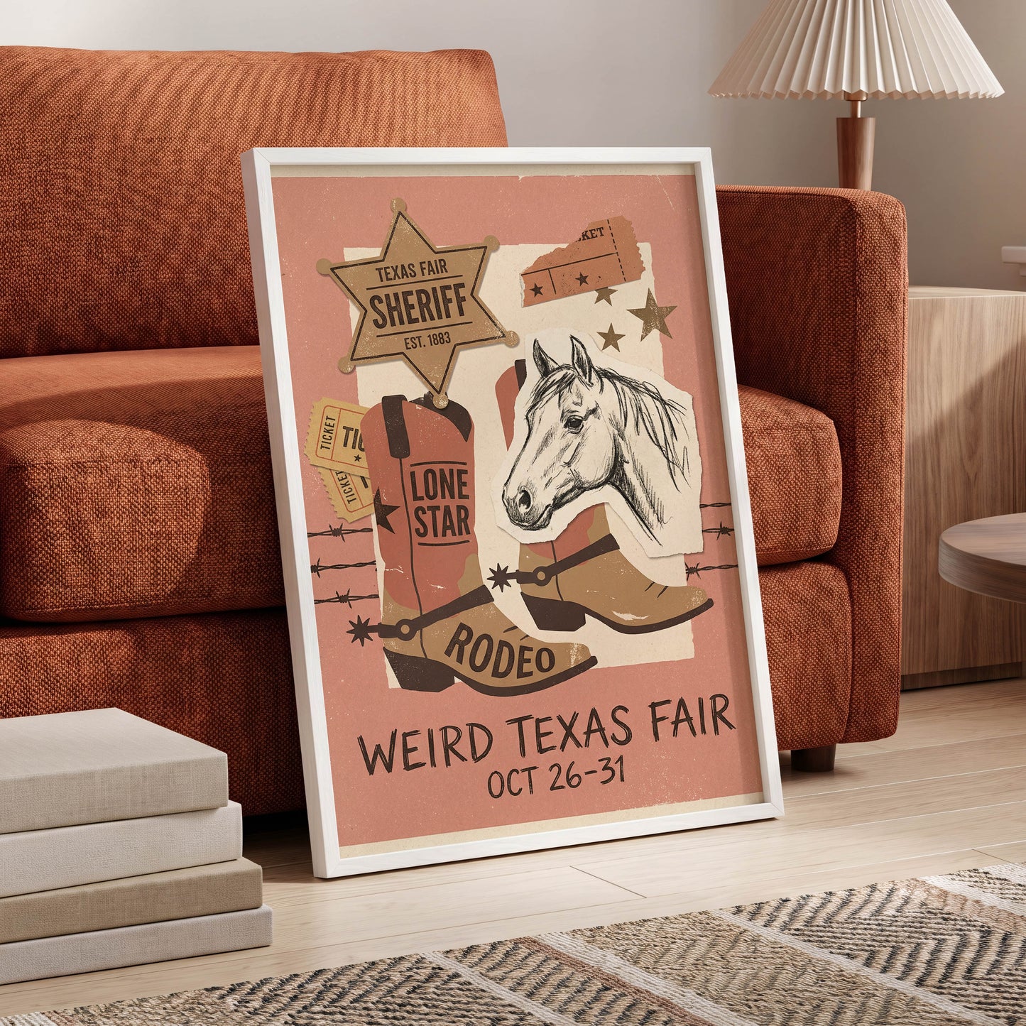 Lone Star Rodeo Collage, pink, beige, brown nature wall art displayed in a styled interior, gallery view 6