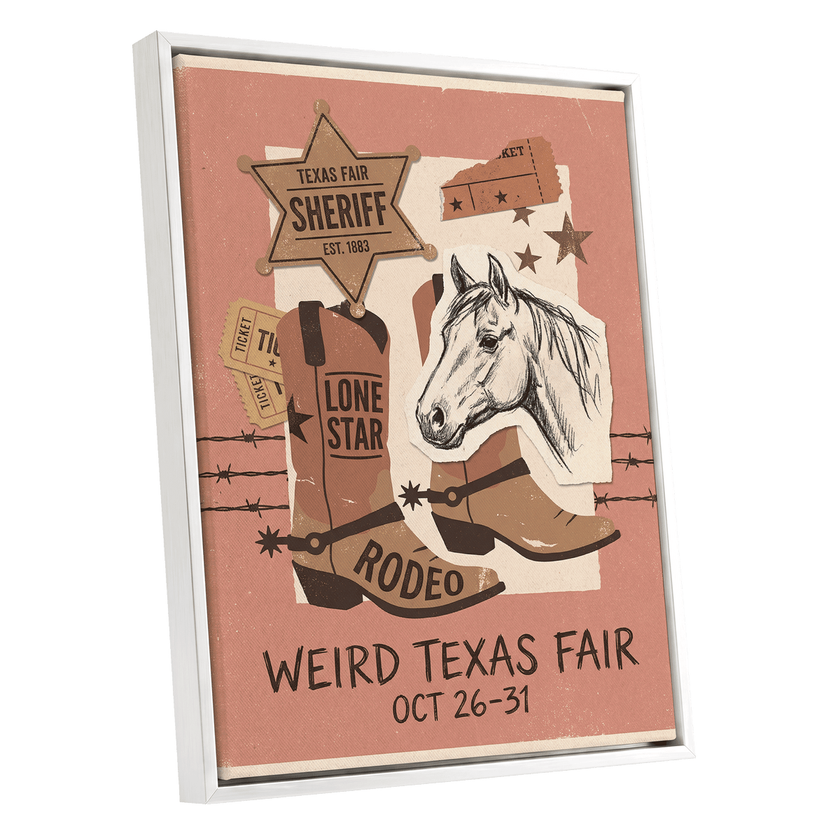 Lone Star Rodeo Collage, pink, beige, brown nature wall art shown as a white framed canvas wall art