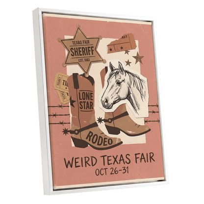 Lone Star Rodeo Collage, pink, beige, brown nature wall art shown as a white framed canvas wall art