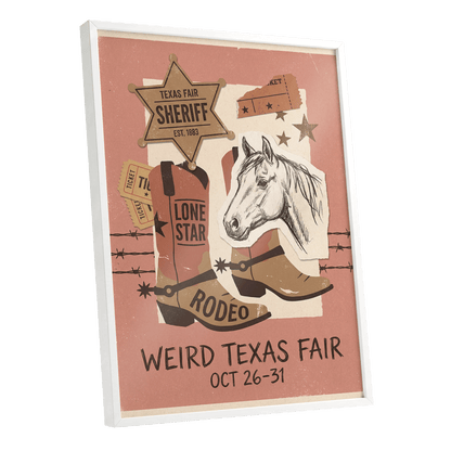 Lone Star Rodeo Collage, pink, beige, brown nature wall art shown as a white framed poster wall art print