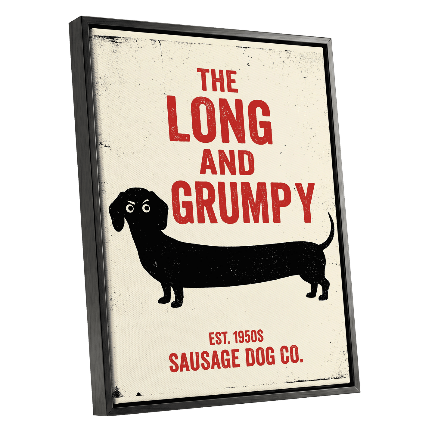 Long & Grumpy, black, beige, red minimalist wall art shown as a black framed canvas wall art