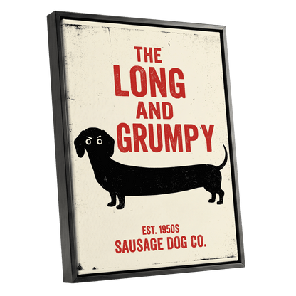 Long & Grumpy, black, beige, red minimalist wall art shown as a black framed canvas wall art