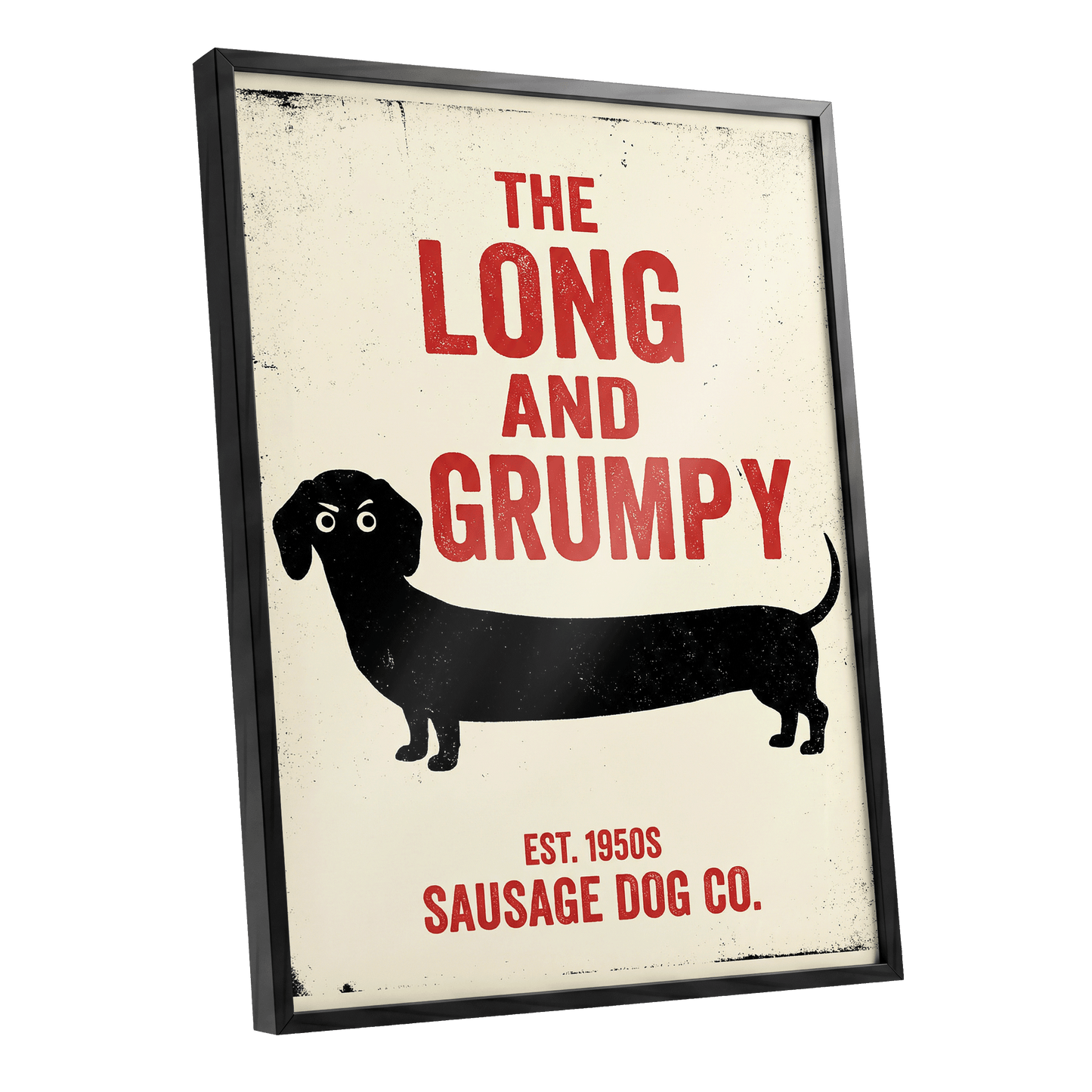 Long & Grumpy, black, beige, red minimalist wall art shown as a black framed poster wall art print