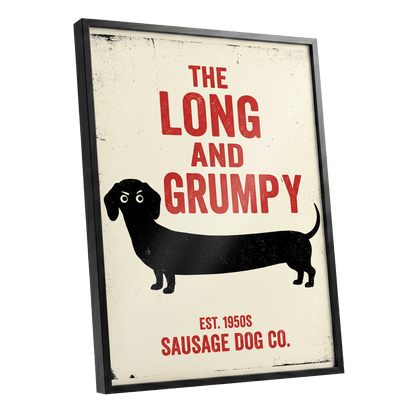 Long & Grumpy, black, beige, red minimalist wall art shown as a black framed poster wall art print