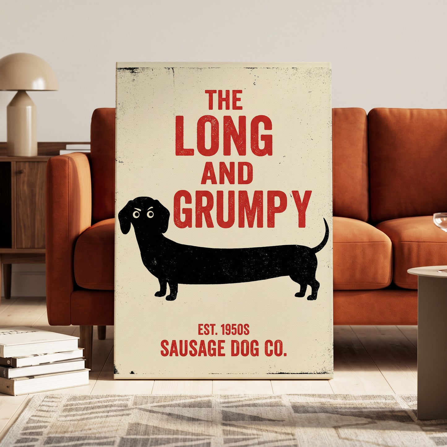 Long & Grumpy, black, beige, red minimalist wall art on canvas displayed in a styled interior, gallery view 1
