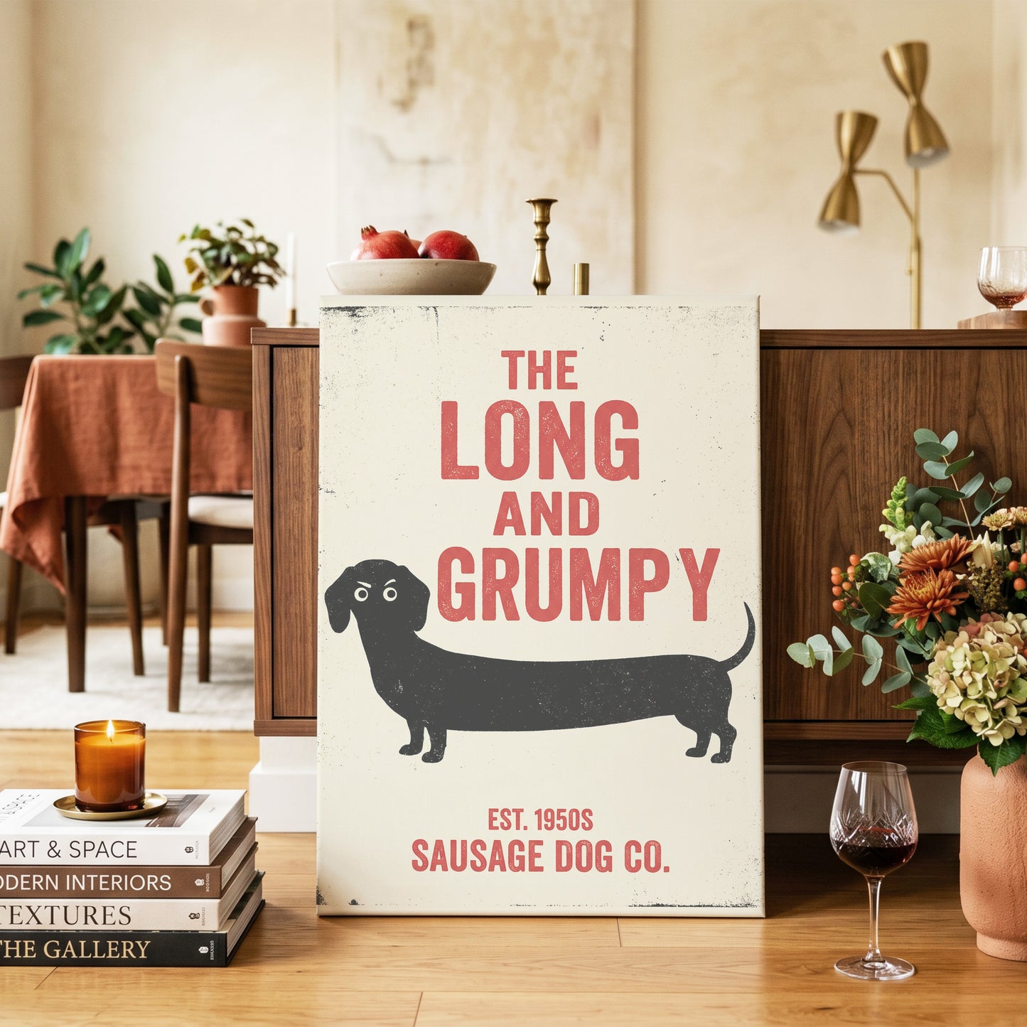 Long & Grumpy, black, beige, red minimalist wall art on canvas displayed in a styled interior, gallery view 2