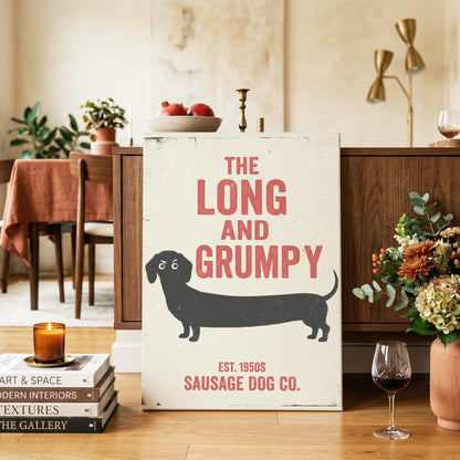 Long & Grumpy, black, beige, red minimalist wall art on canvas displayed in a styled interior, gallery view 2