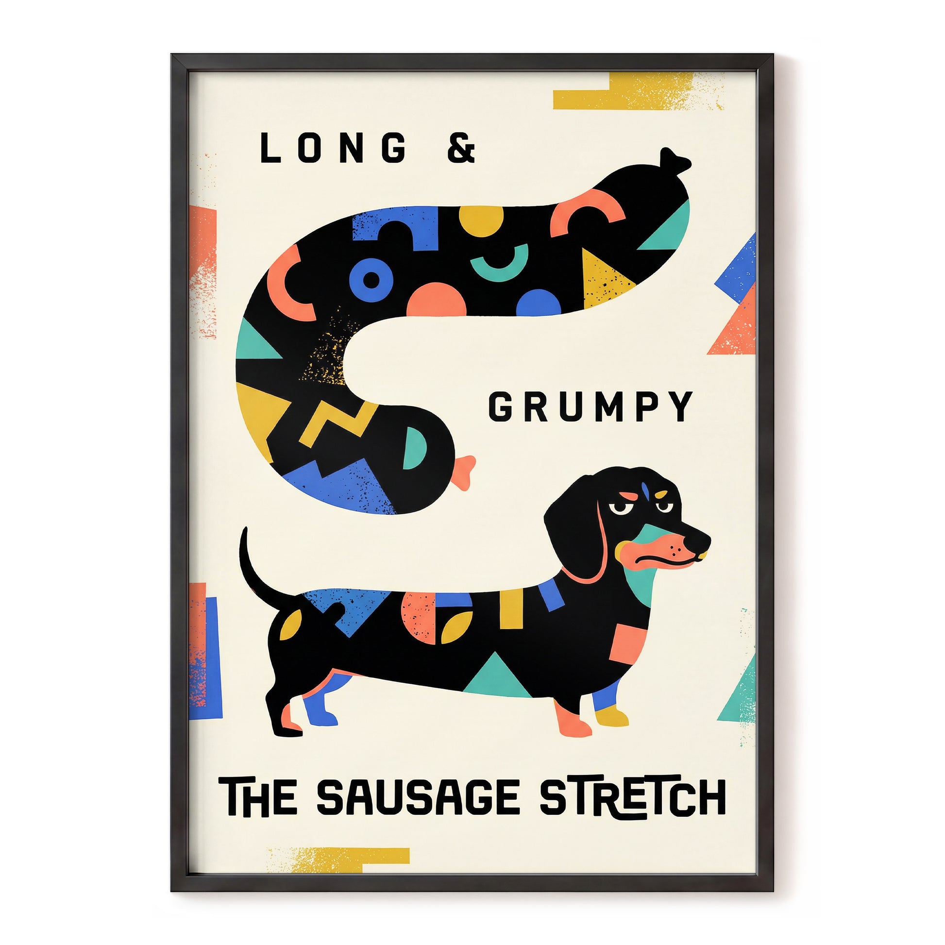 Long & Grumpy Dachshund, beige, black, blue abstract wall art, front artwork view