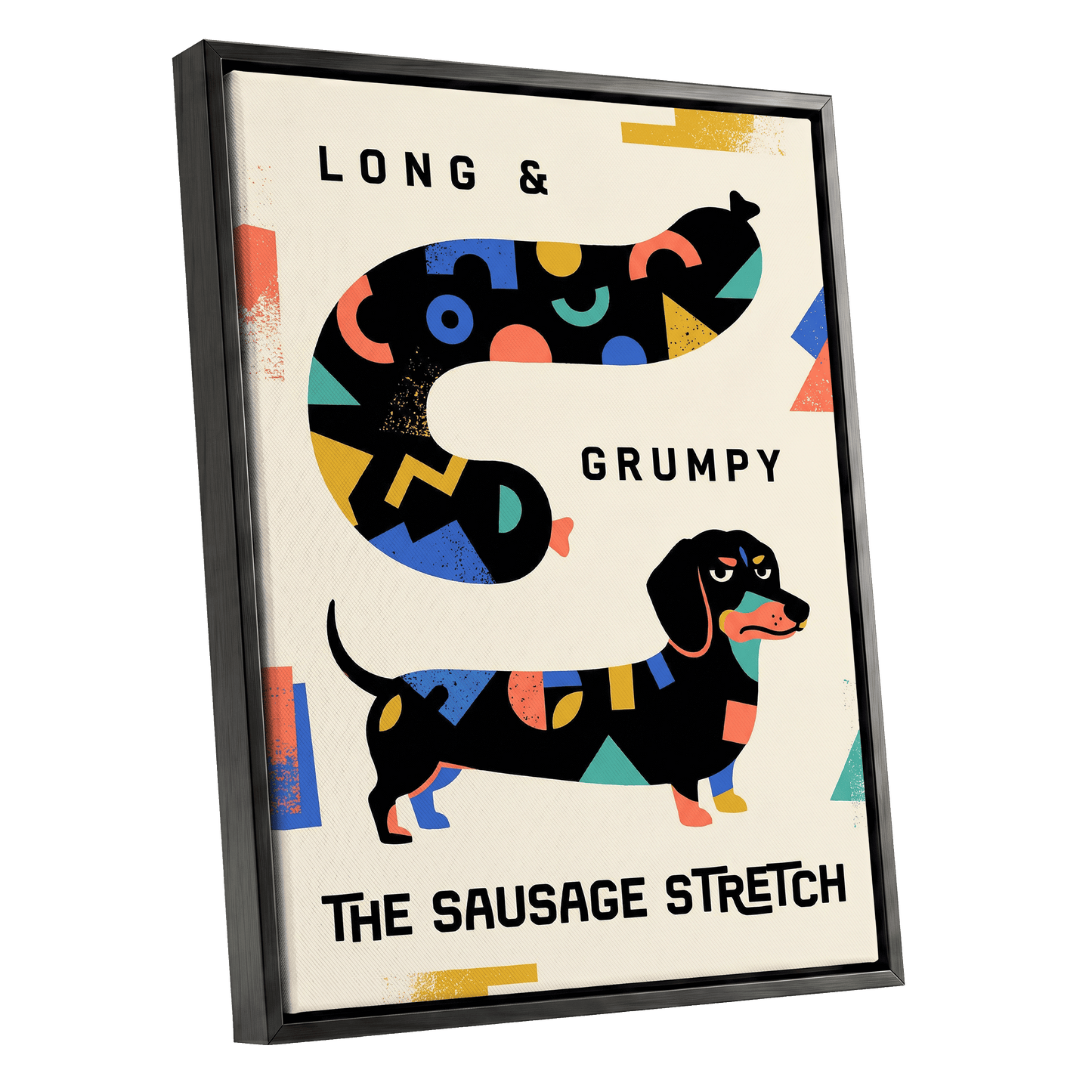 Long & Grumpy Dachshund, beige, black, blue abstract wall art shown as a black framed canvas wall art