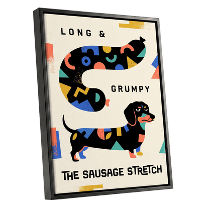 Long & Grumpy Dachshund, beige, black, blue abstract wall art shown as a black framed canvas wall art