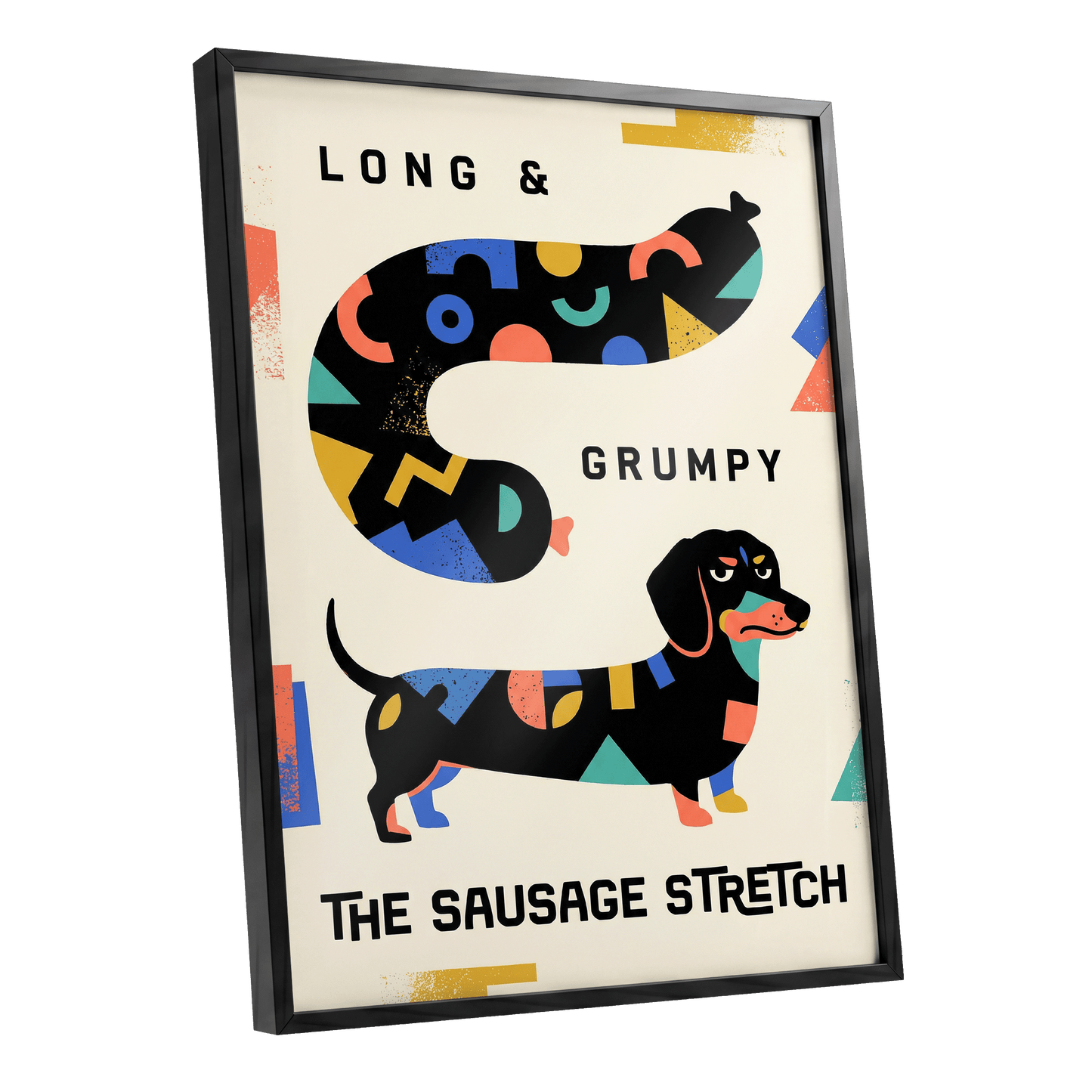 Long & Grumpy Dachshund, beige, black, blue abstract wall art shown as a black framed poster wall art print