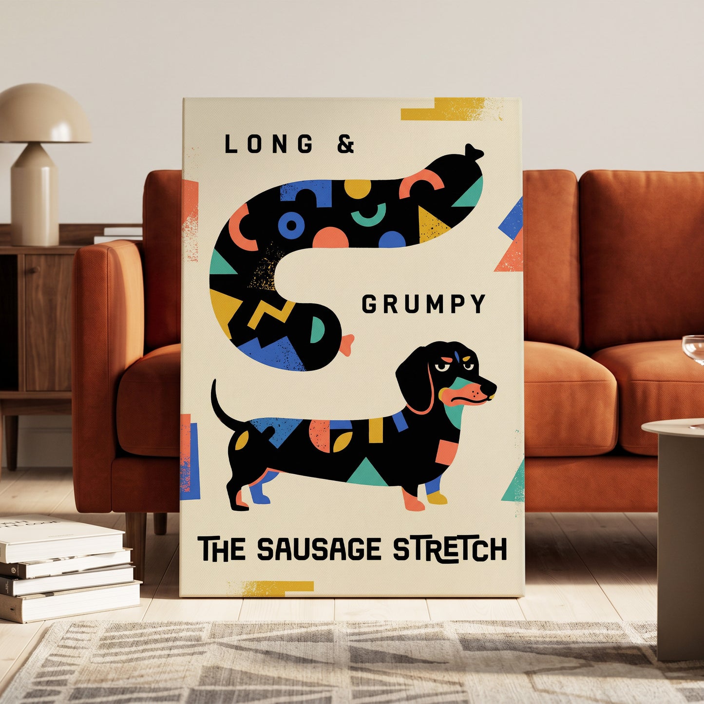 Long & Grumpy Dachshund, beige, black, blue abstract wall art on canvas displayed in a styled interior, gallery view 1